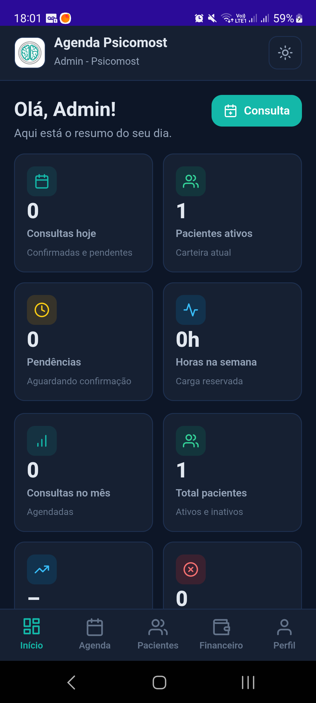 Tela do app Agenda Psicomost