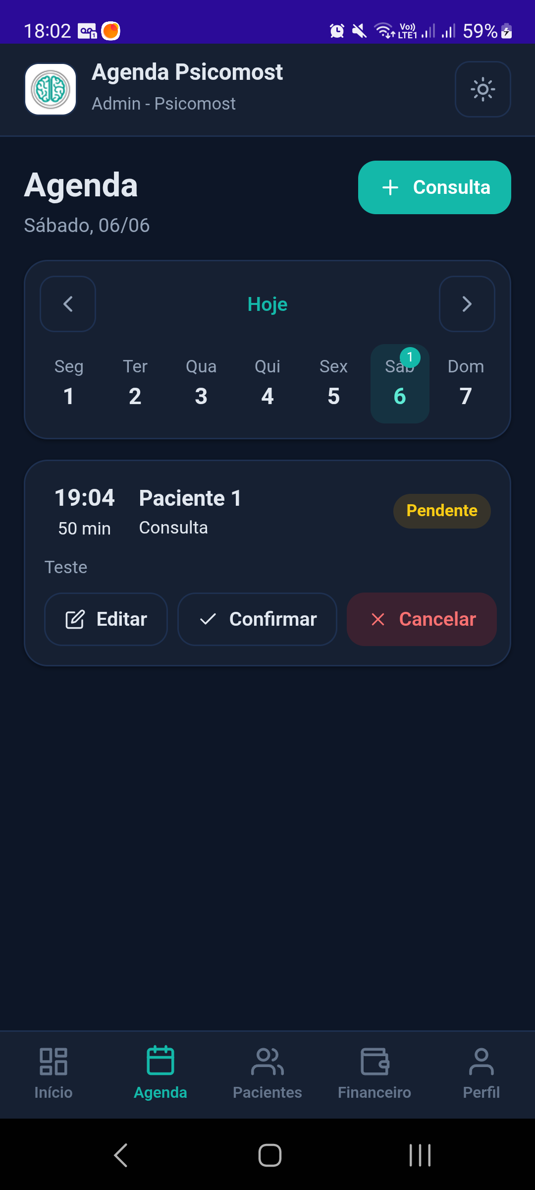 Tela do app Agenda Psicomost